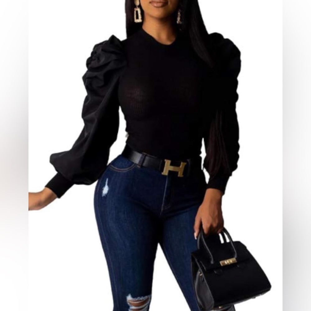 Puff Long Sleeve Ribbed Ruched Crewneck Slim Fit PartyTop
